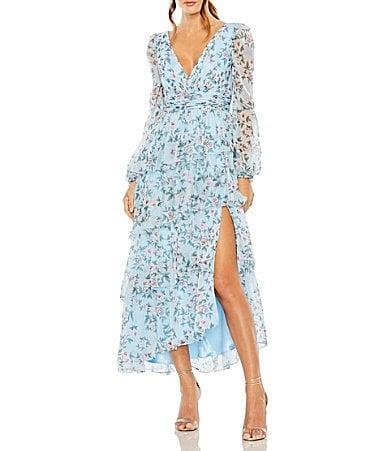 Mac Duggal Floral Print V-Neck Long Sleeve Side Slit Tiered Ruffled Dress Product Image