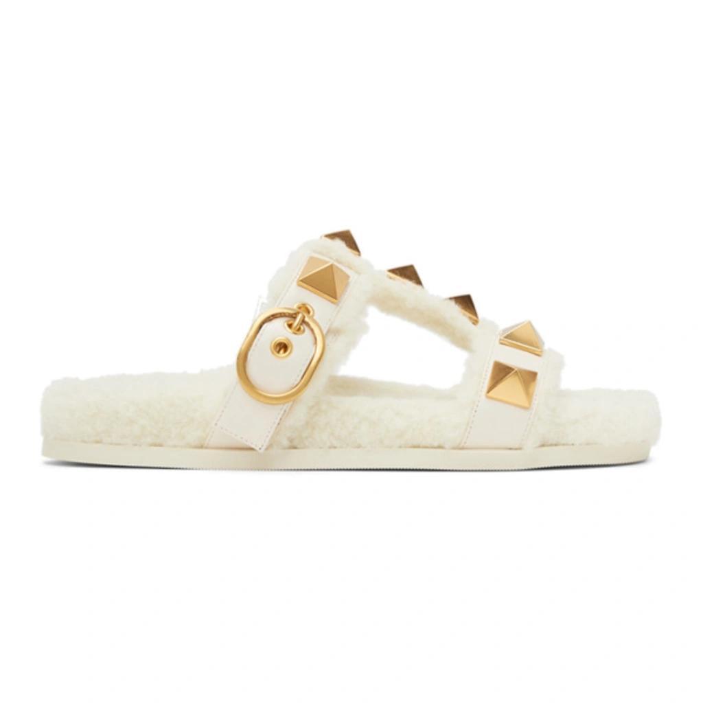 Shearling Roman Stud Slides In Ivory Product Image