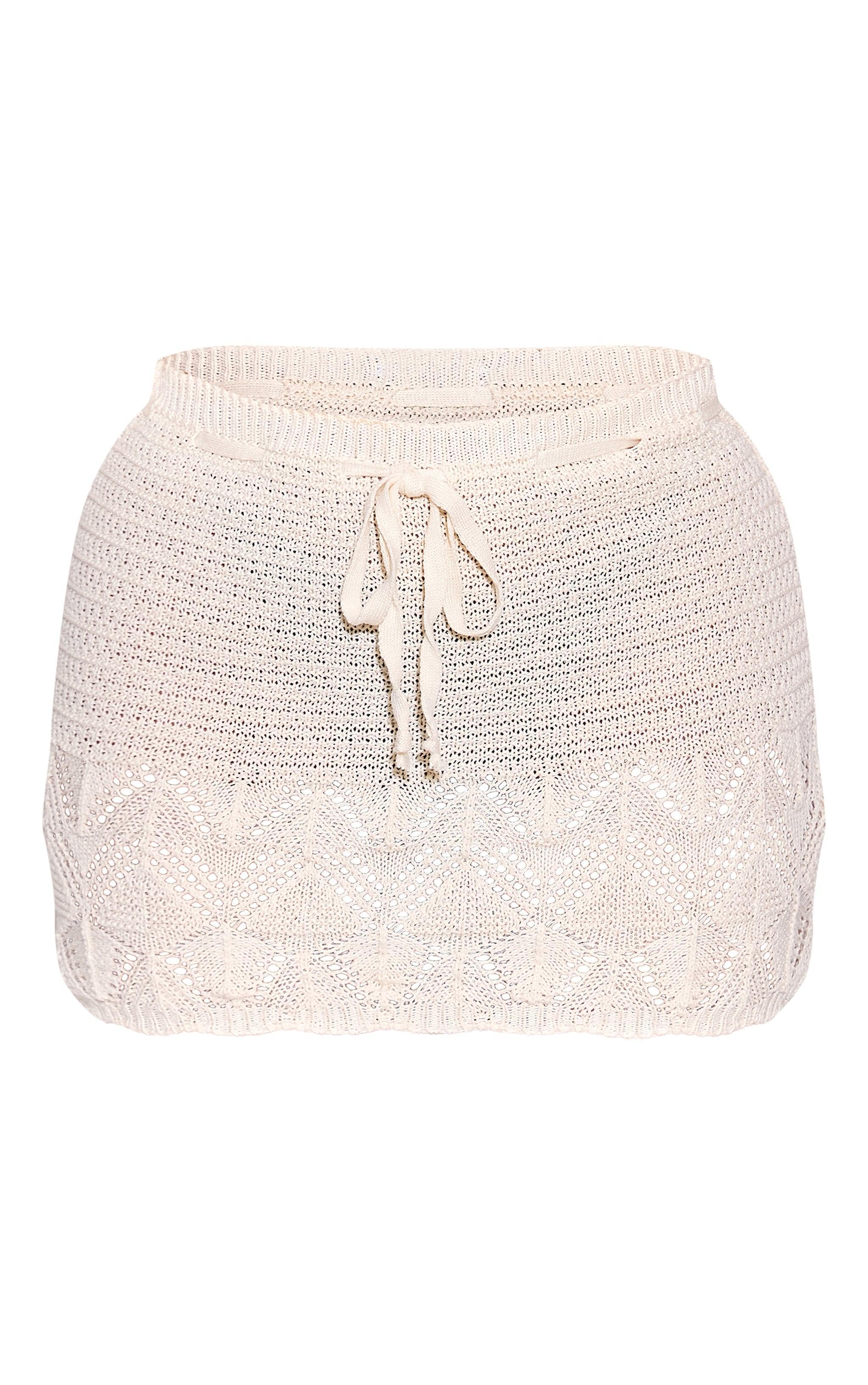 Oatmeal Crochet Knit Tie Front Mini Skirt Product Image