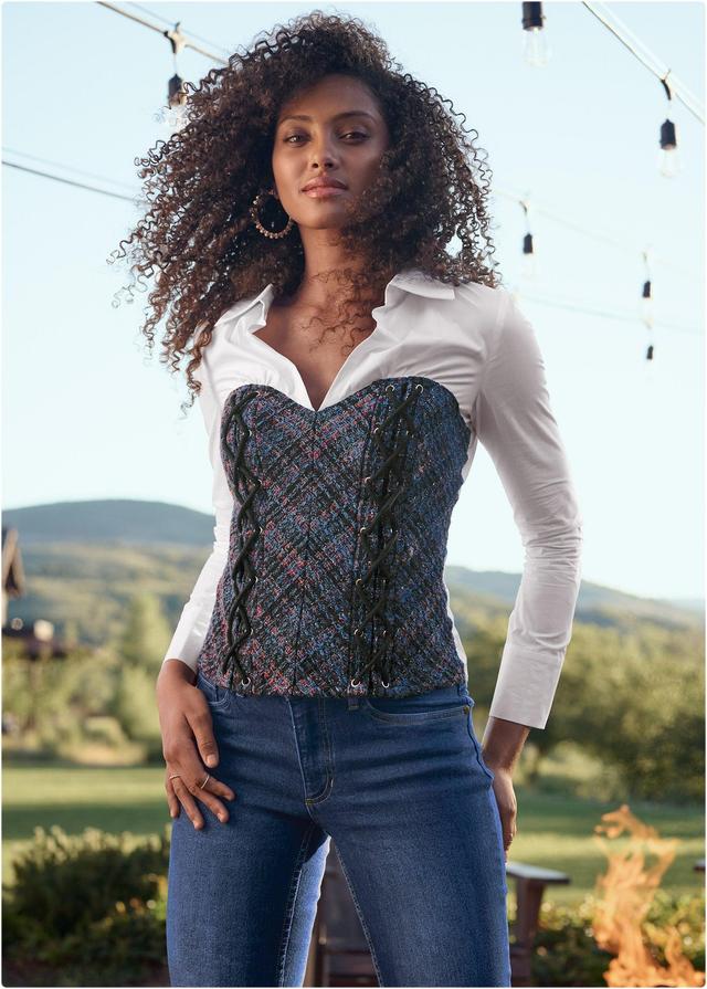 Layered Tweed Bustier Top  - Navy Multi Product Image