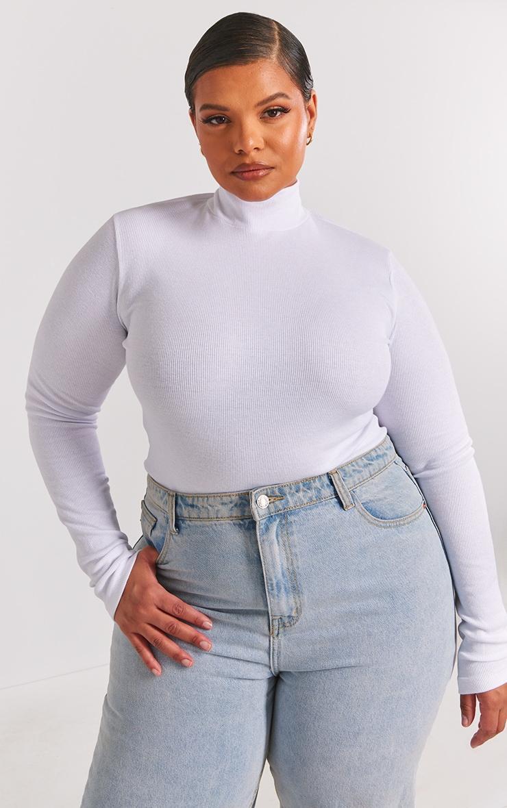 Plus White Basic Rib Long Sleeve High Neck Bodysuit Product Image