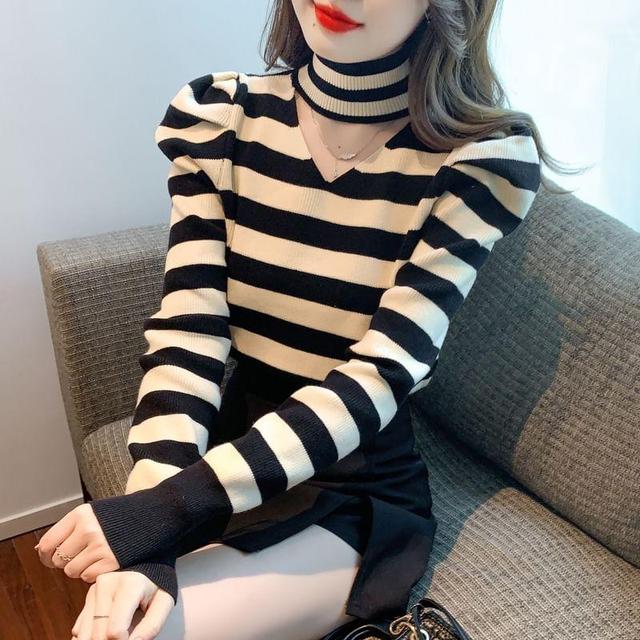 Long-Sleeve Turtleneck Striped Cutout Slim Fit Knit Top Product Image