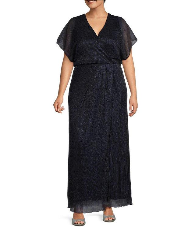 Marina Plus Size Short Flutter Sleeve V-Neck Front Slit Metallic Gown Product Image