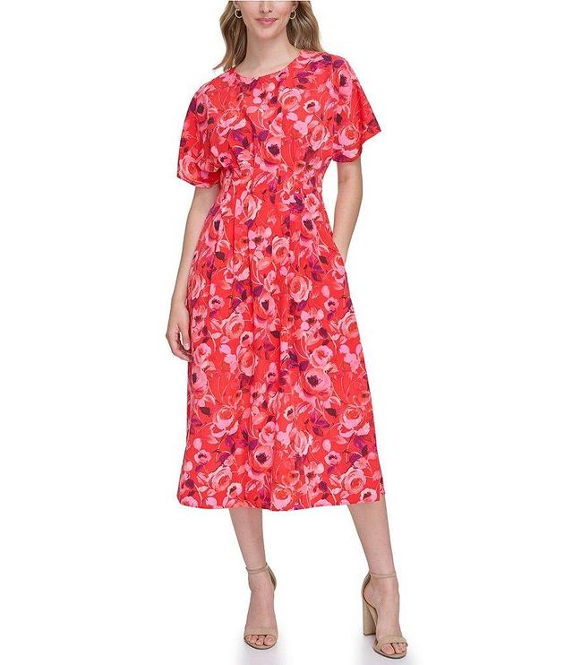 Kensie Floral Boat Neckline Short Sleeve Smocked Waist A Line Midi Dress Product Image