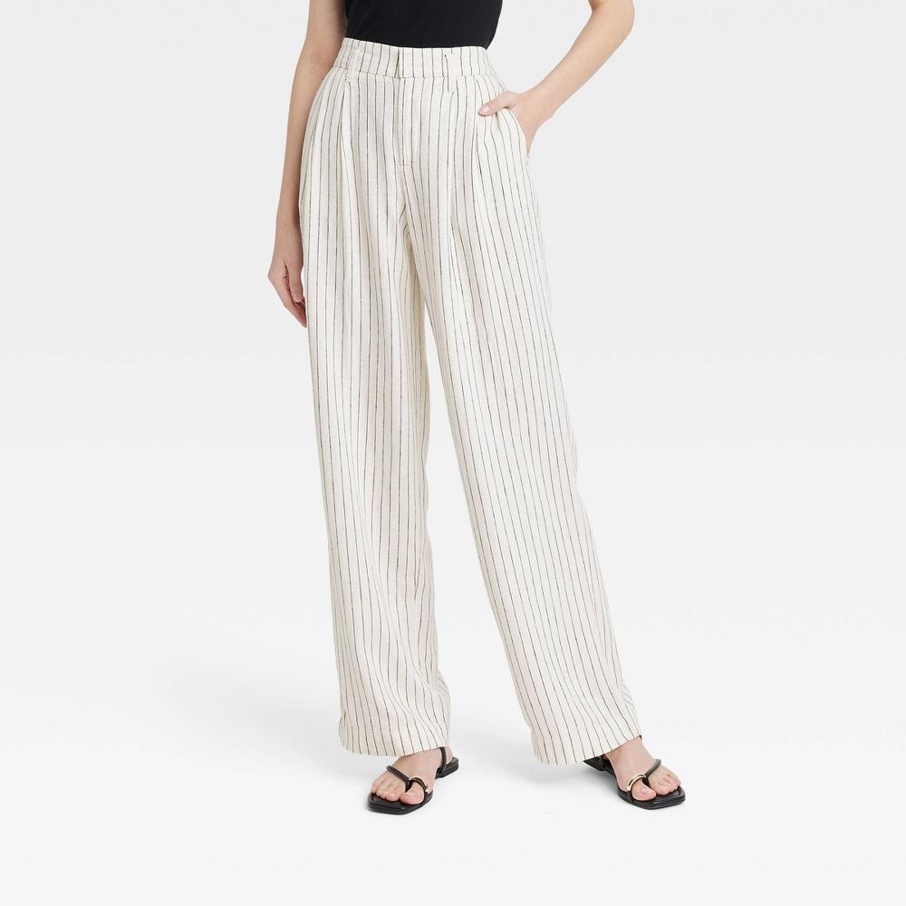 Womens High-Rise Linen Pleat Front Straight Pants - A New Day Cream/Black Pinstriped 0 Product Image