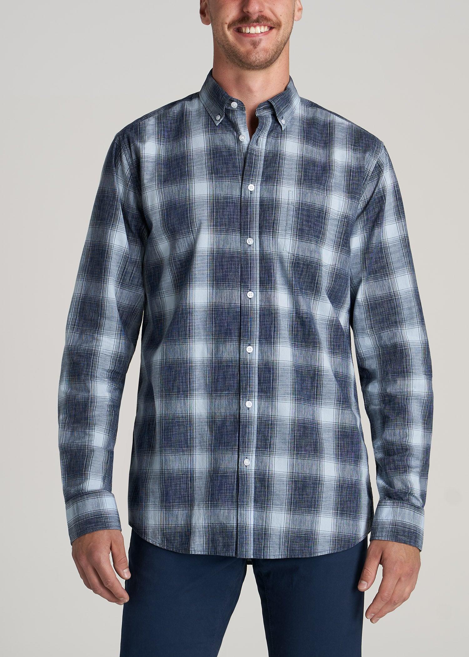 Soft-Wash Button-Up Shirt for Tall Men in Blues Plaid Male Product Image