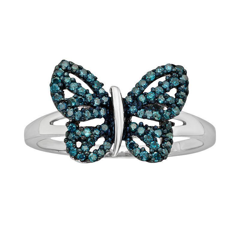 Jewelexcess Sterling Silver Two-Tone 1/4-ct. T.W. Blue Diamond Butterfly Ring, Womens Product Image