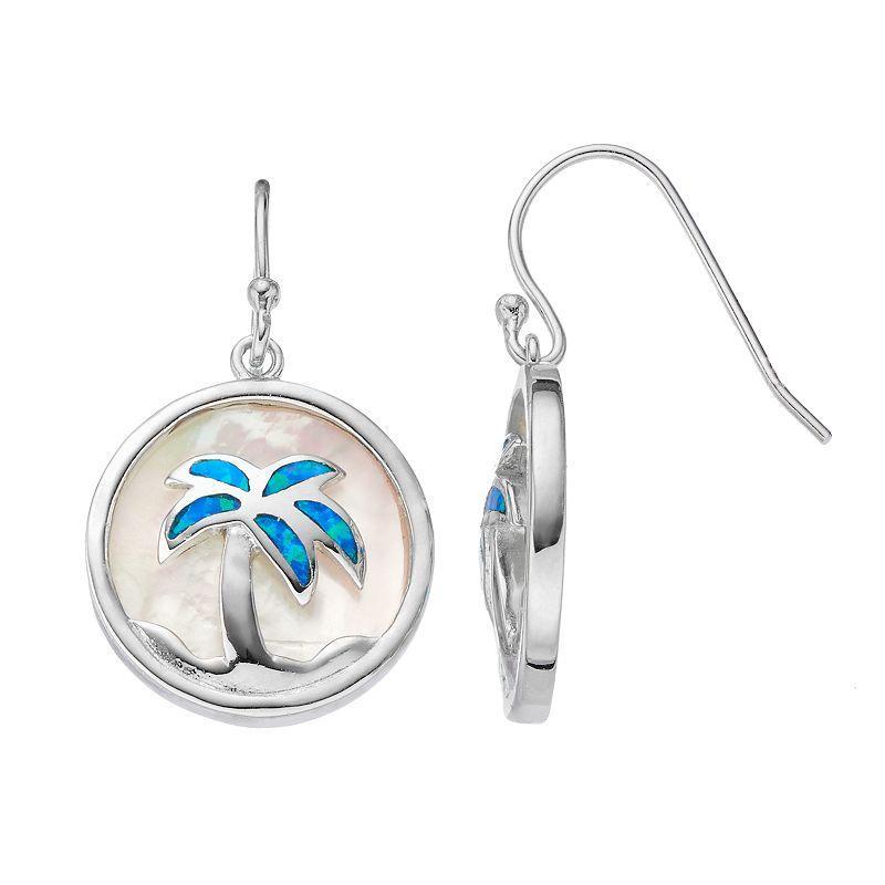 Sterling Silver Mother-of-Pearl & Lab-Created Blue Opal Palm Tree Disc Drop Earrings, Womens Product Image