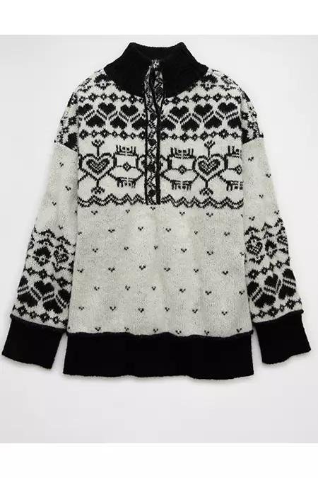 AE Oversized Quarter Snap Mock Neck Fairisle Sweater Womens Product Image