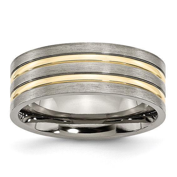 Men's 8.0mm Yellow IP Double Stripe Groove Brushed Wedding Band in Titanium Product Image