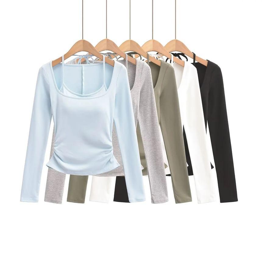 Long Sleeve Halter Plain Mock Two Piece Ruched Padded T-Shirt Product Image