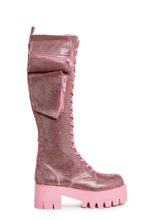 Rhinestone Vegan Leather Combat Boots With Pocket Sugar Thrillz - Pink Product Image