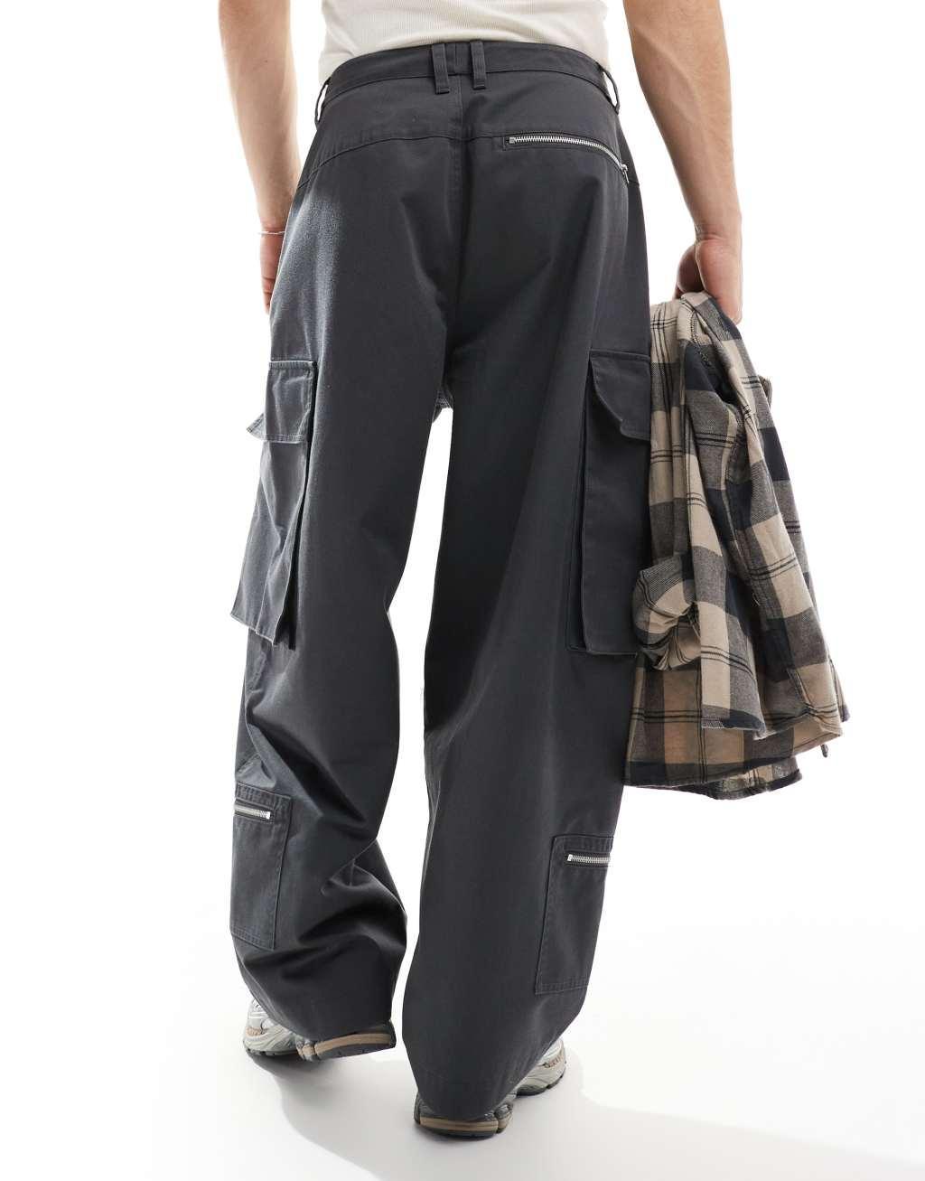 ASOS DESIGN baggy balloon cargo pants with zip details in charcoal  Product Image