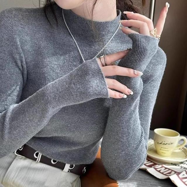 Mock Neck Plain Ribbed Sweater Product Image