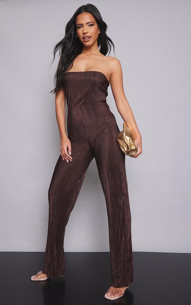 Chocolate Plisse Bandeau Jumpsuit Product Image