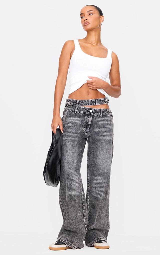  Washed Grey Cut Out Asymmetric Waistband Wide Leg Jeans Product Image