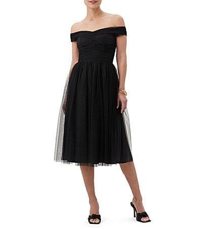 Trina Turk Renai Sweetheart Neck Off-the-Shoulder Short Sleeve A-Line Midi Tulle Dress Product Image