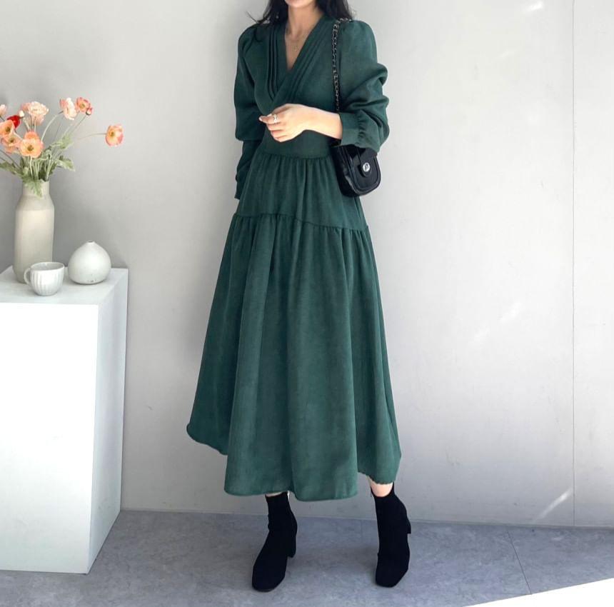 Long Sleeve V-Neck Plain Pintuck Panel Midi A-Line Dress Product Image