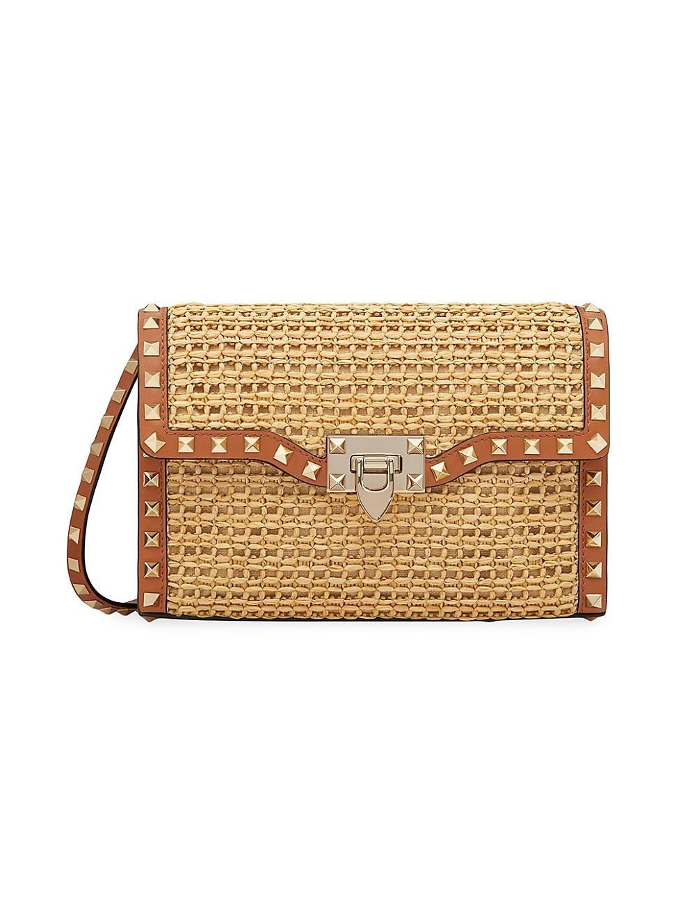 Womens Small Rockstud Shoulder Bag In Woven Raffia Product Image