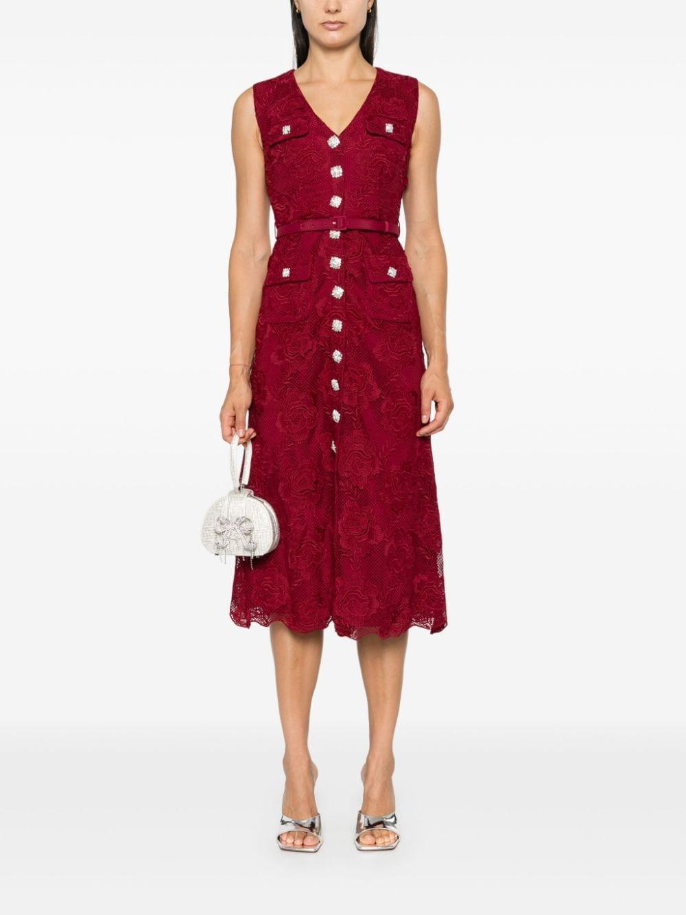 Crystal-buttons Lace Midi Dress In Red Product Image