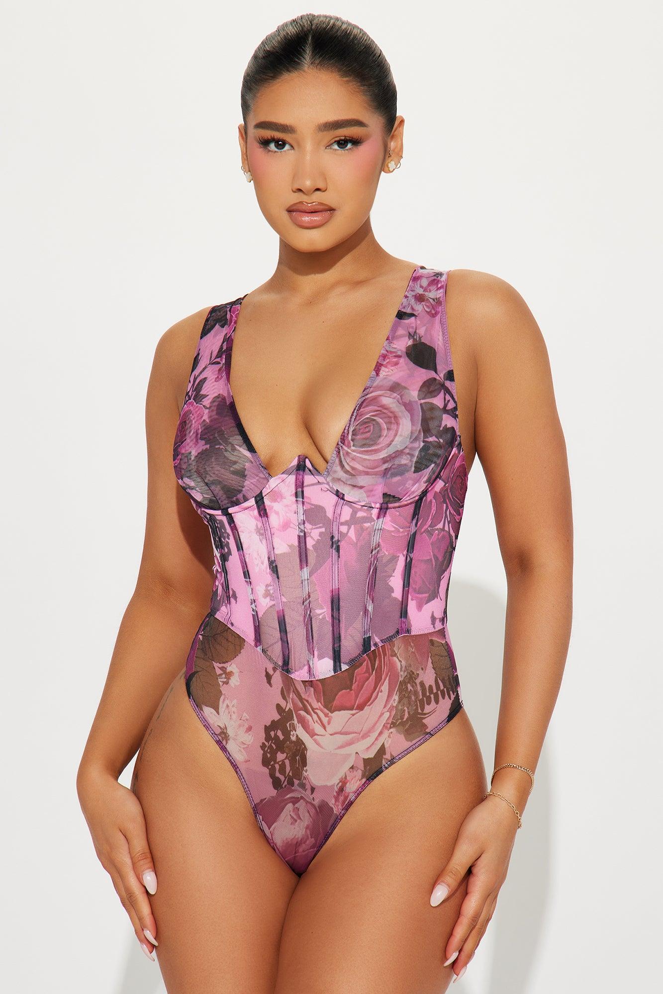 Marlene Floral Mesh Bodysuit - Purple/combo Product Image