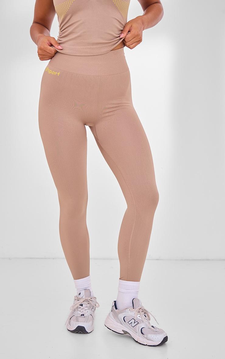 PLT SPORT Light Mocha Seamless Contrast Branding High Waist Leggings Product Image