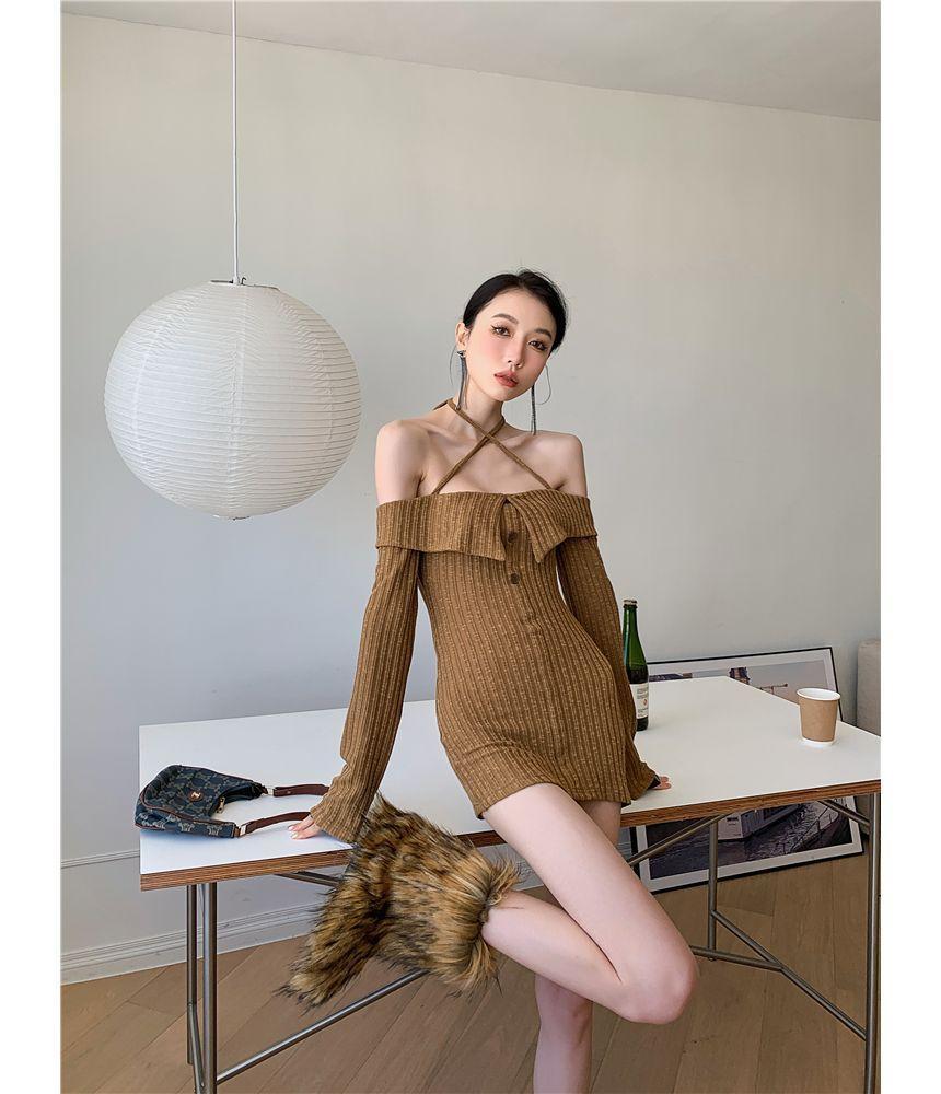 Long-Sleeve Cold-Shoulder Plain Ribbed Knit Mini Sheath Dress Product Image