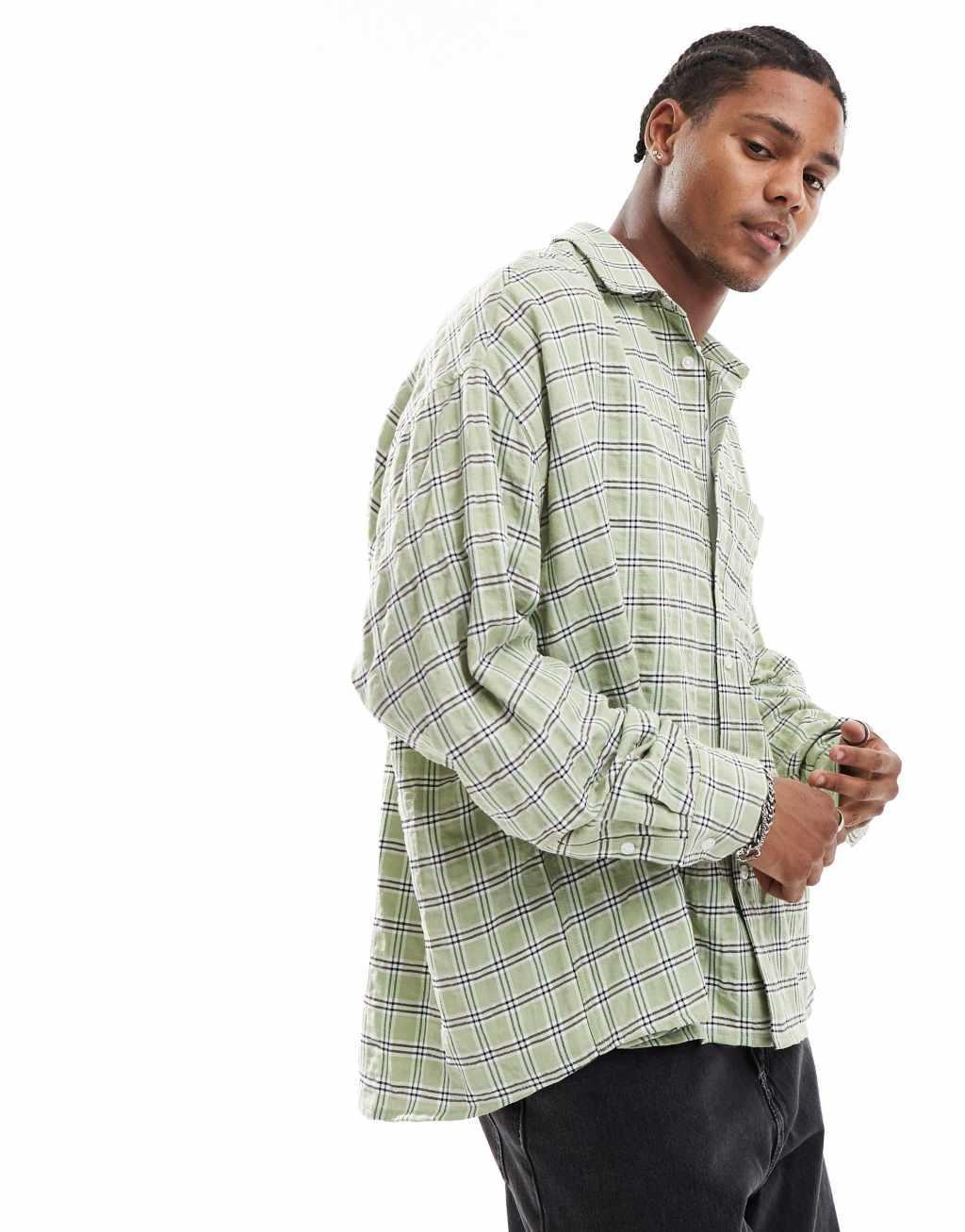 ASOS DESIGN oversized seersucker shirt in green check Product Image