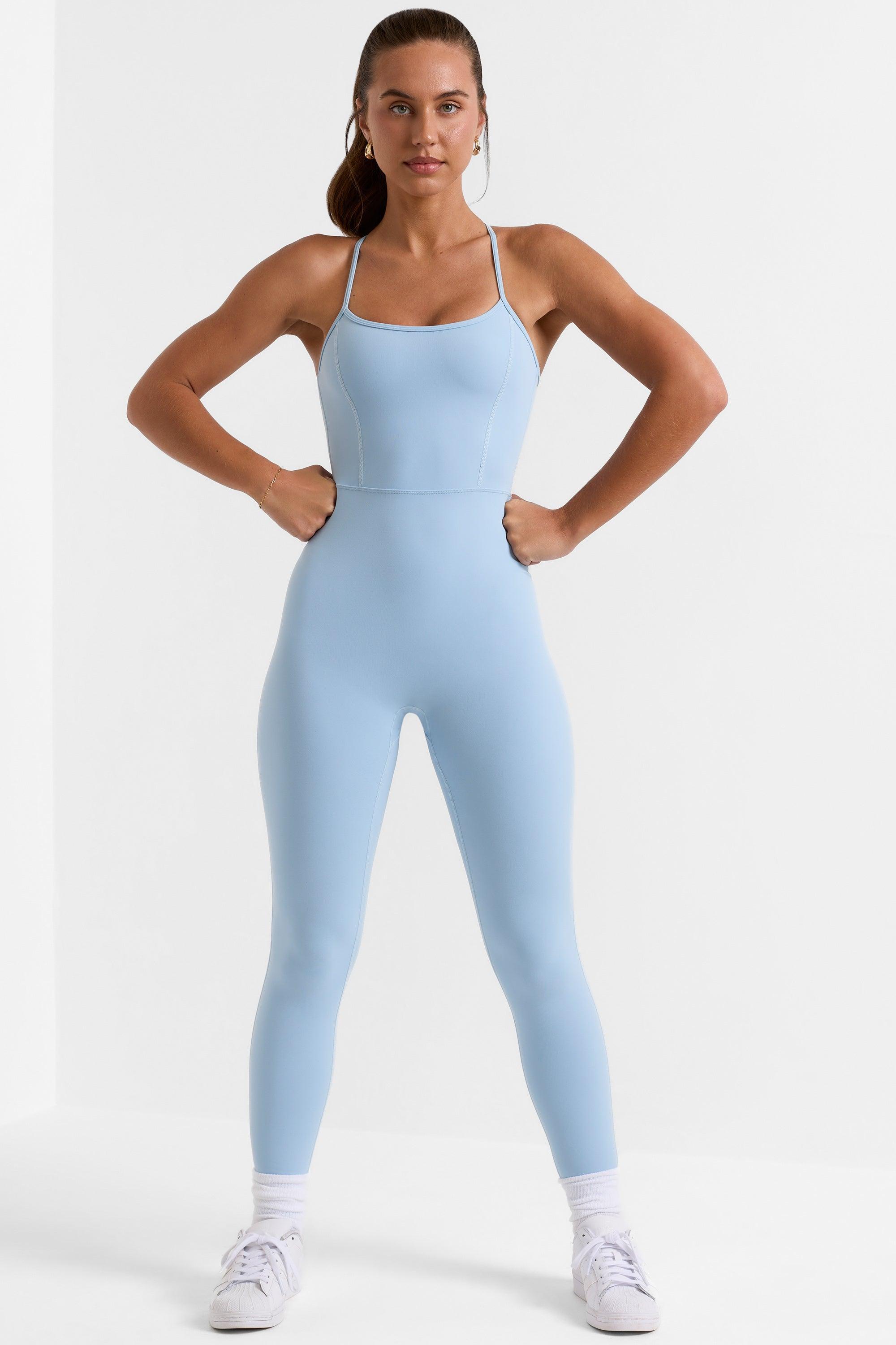 Petite Open Back Full Length Unitard in Ice Blue Female Product Image