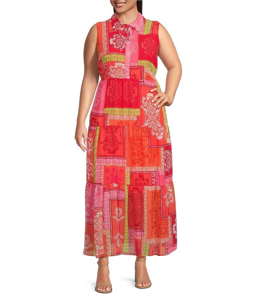 Jessica Howard Plus Size Sleeveless Collared Neck Patchwork Print Maxi Dress Product Image