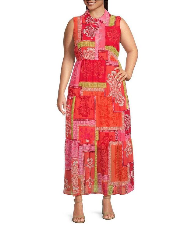 Jessica Howard Plus Size Sleeveless Collared Neck Patchwork Print Maxi Dress Product Image