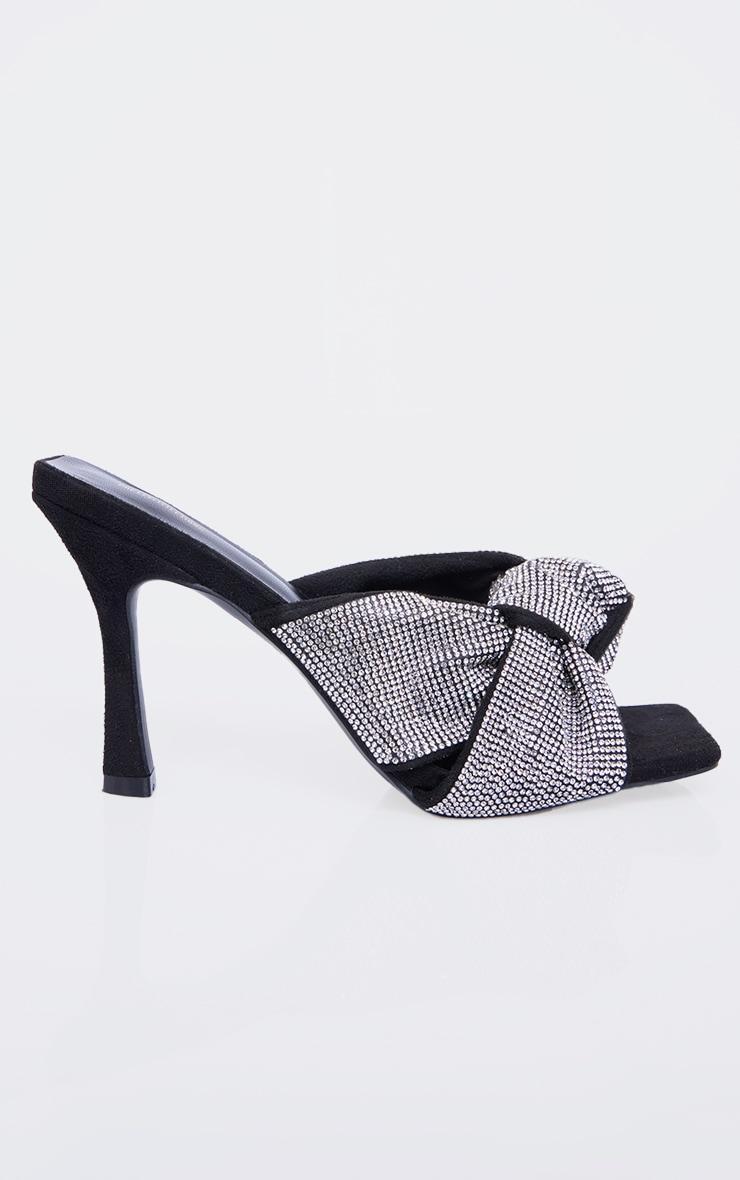 Black PU Square Toe Diamante Knot Strap Heeled Mules Product Image