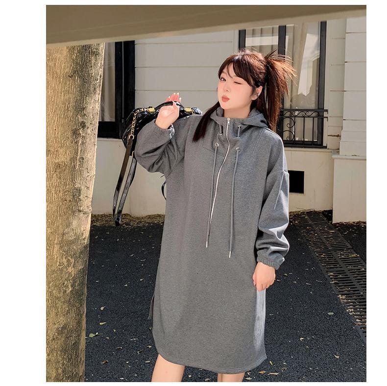 Plus Size Long-Sleeve Half-Zip Hoodie Dress Product Image