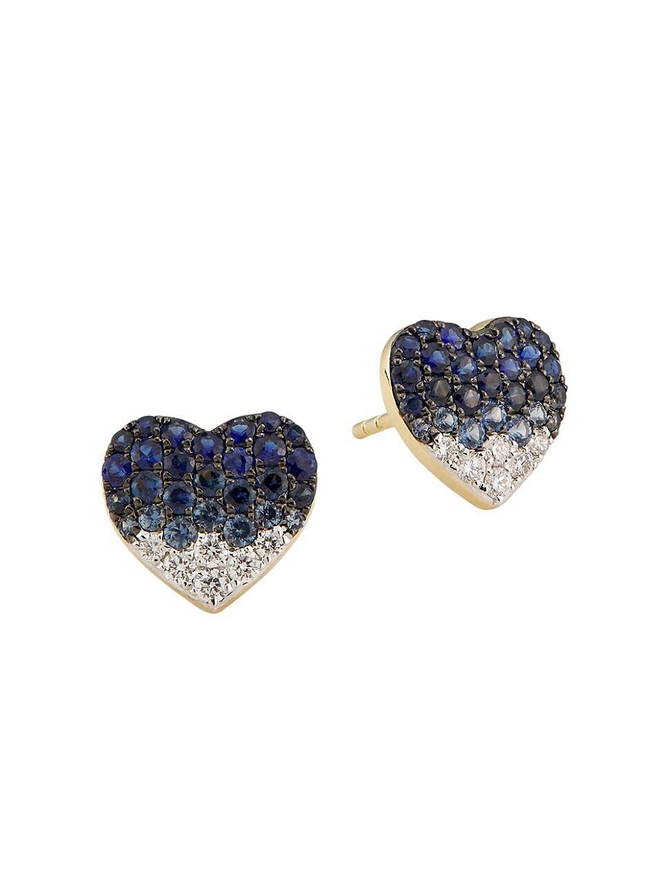 Womens 14K Yellow Gold, Sapphire & 0.16 TCW Diamond Heart Stud Earrings Product Image