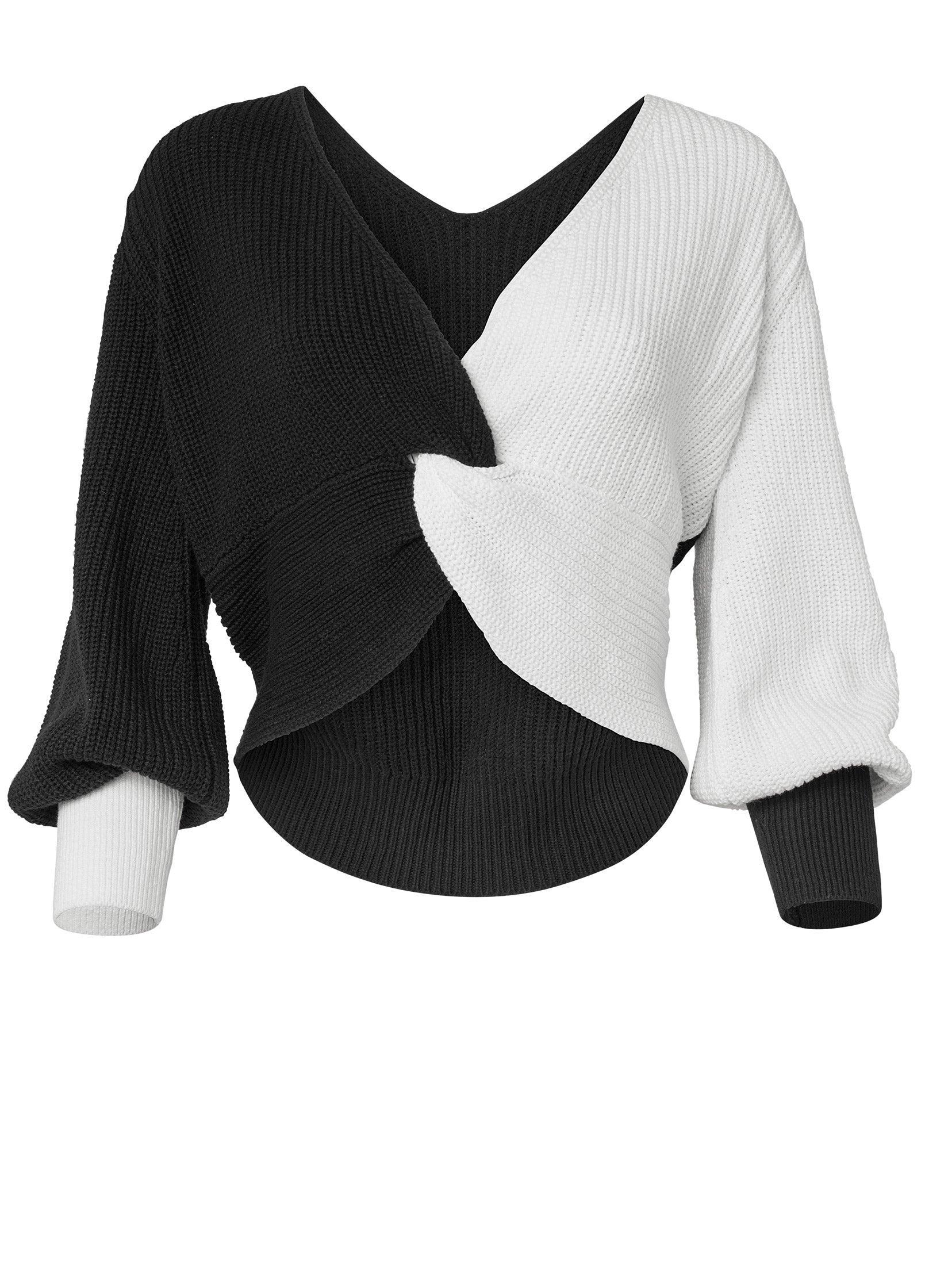 Twist V-Back Sweater - Off White & Black Product Image