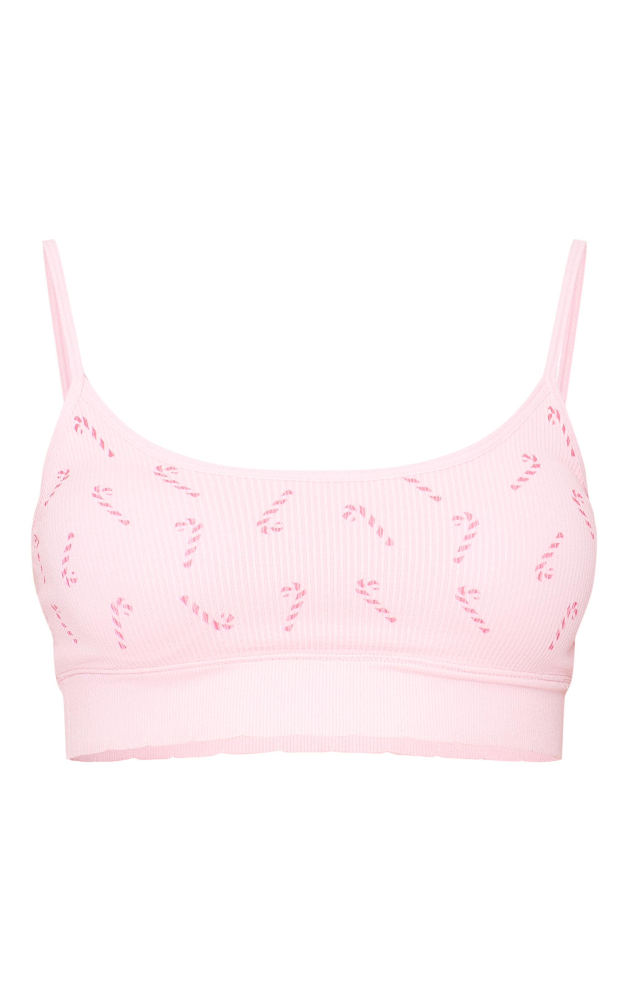 Pink Candy Cane Print Ribbed Scoop Neck Bralette Product Image