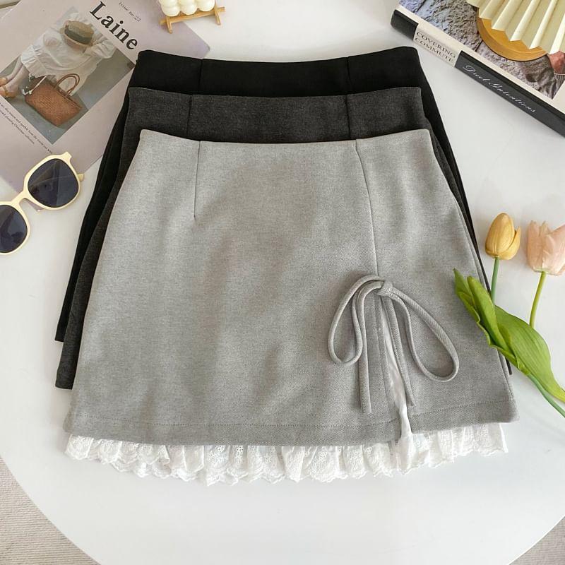 High Waist Lace Trim Bow Accent Mini A-Line Skirt Product Image