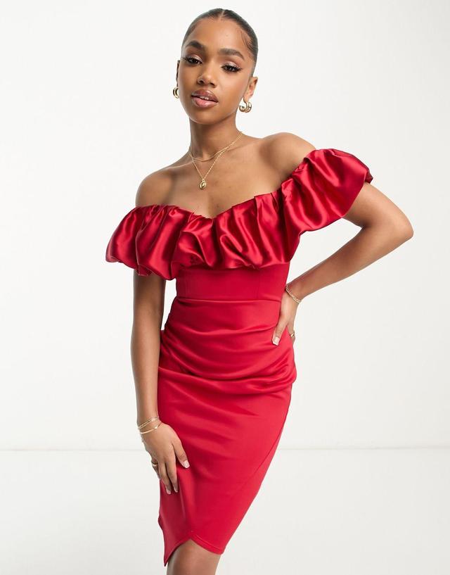 Lipsy bandeau satin ruched bodycon midi dress in red Product Image