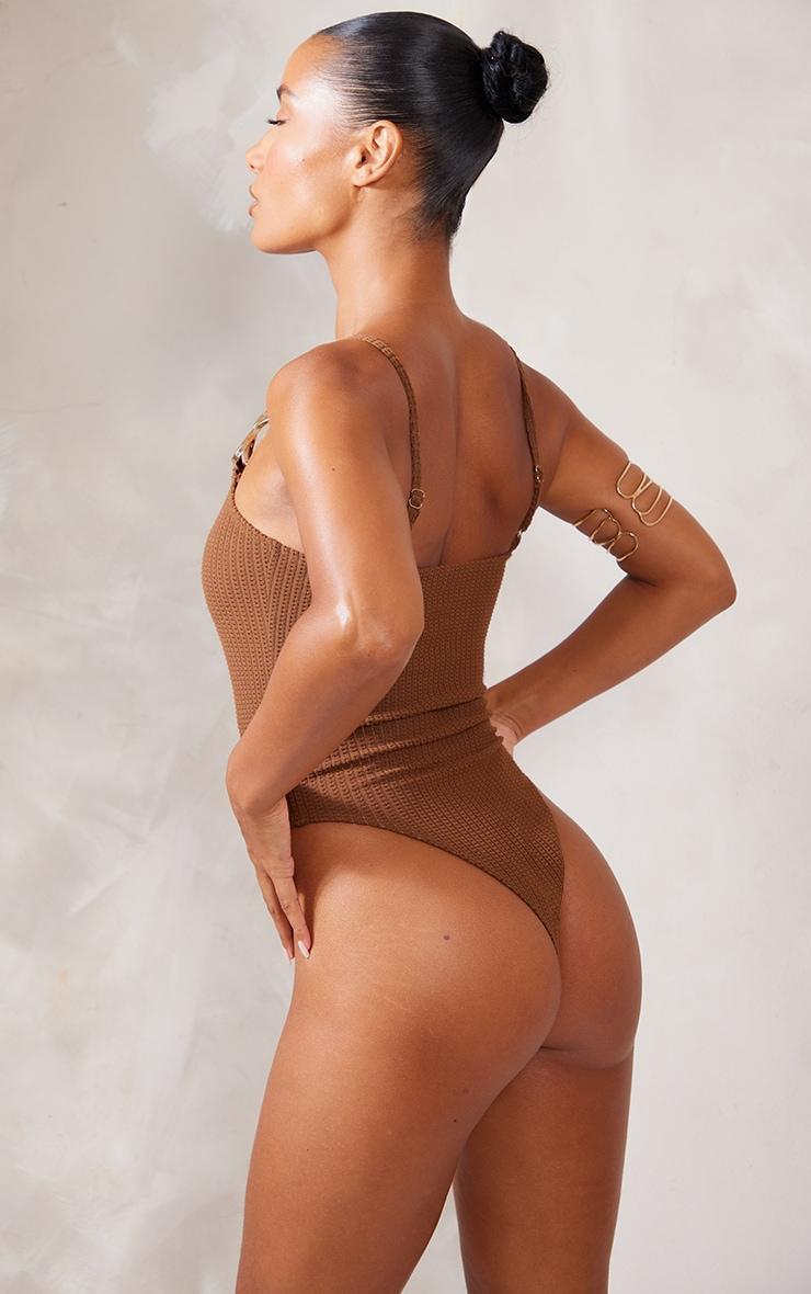 Brown Gold Trim Asymmetric Waffle Swimsuit Product Image