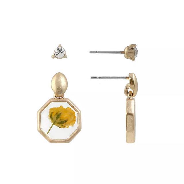 Bella Uno 2-Pair Worn Gold Tone Cubic Zirconia Stud & Yellow Pressed Flower Dangle Earring Set, Womens Product Image