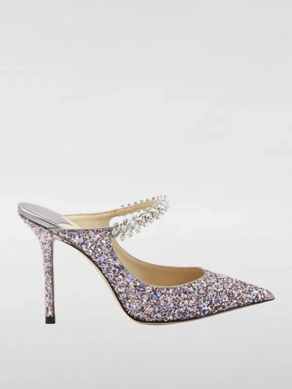 JIMMY CHOO Bing 100 Crystal Strap Glitter Heel Mules In Silver Product Image