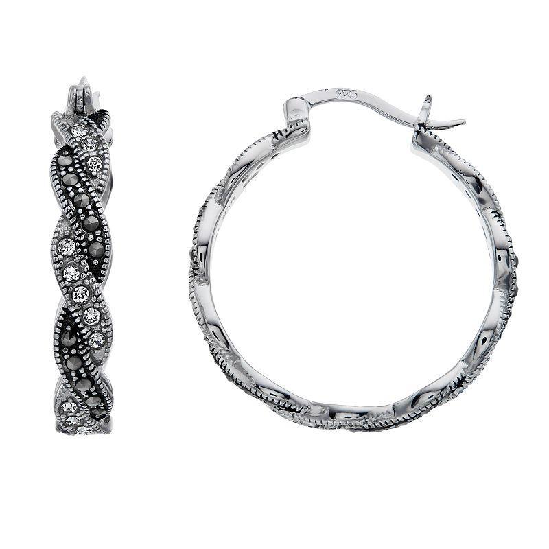 Tori Hill Sterling Silver Marcasite & Crystal Braided Round Hoop Earrings, Womens Product Image