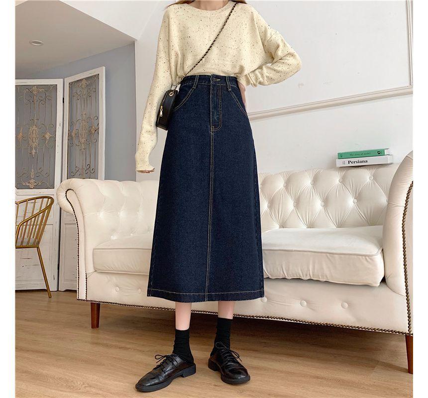 High-Waist A-Line Silt-Back Denim Midi Skirt Product Image