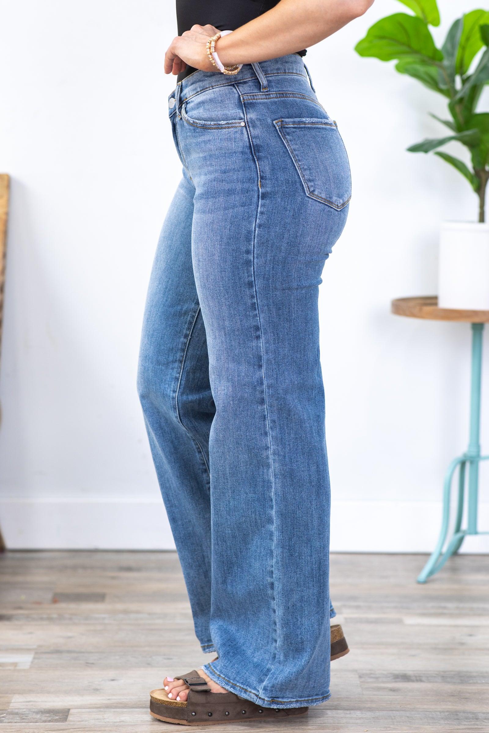 Risen Medium Wash Dipped V Wide Leg Jeans Product Image