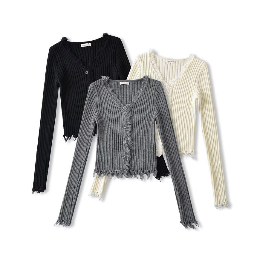 Long Sleeve V-Neck Plain Ribbed-Knit Tassel Slim-Fit Cardigan Product Image