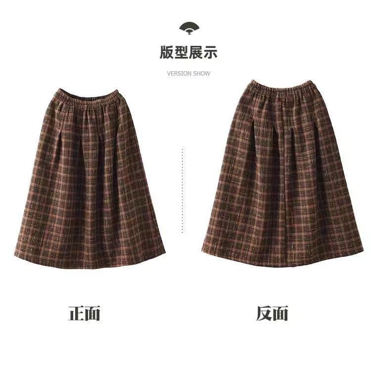 High Waist Plaid Midi A-Line Skirt Product Image