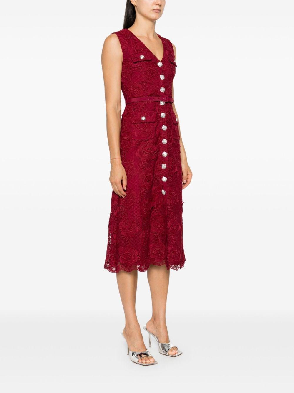 Crystal-buttons Lace Midi Dress In Red Product Image