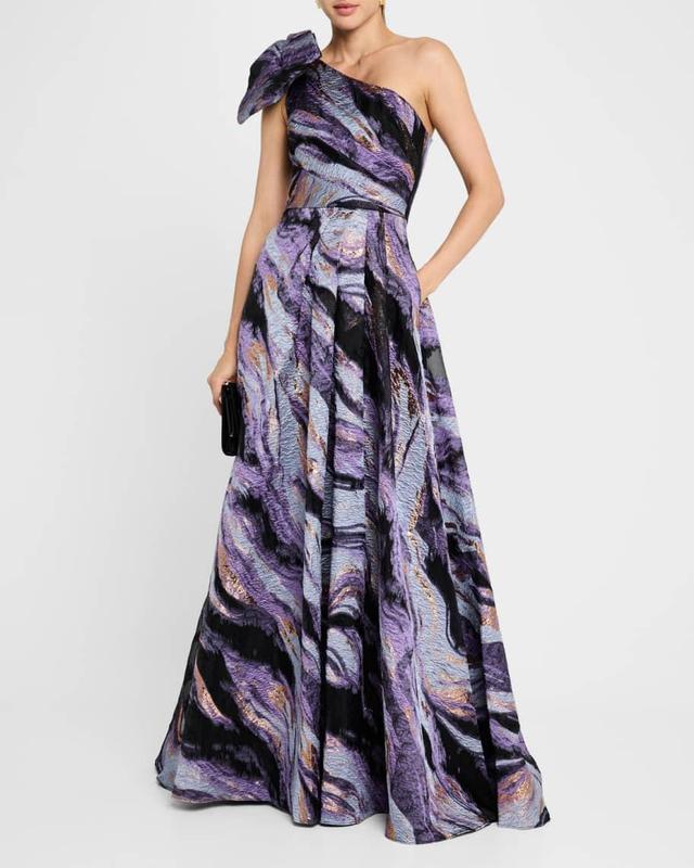 One-Shoulder Metallic Jacquard Gown Product Image