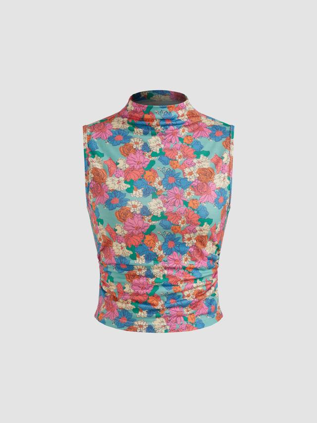 Jersey High Neck Floral Ruched Crop Tank Top Product Image