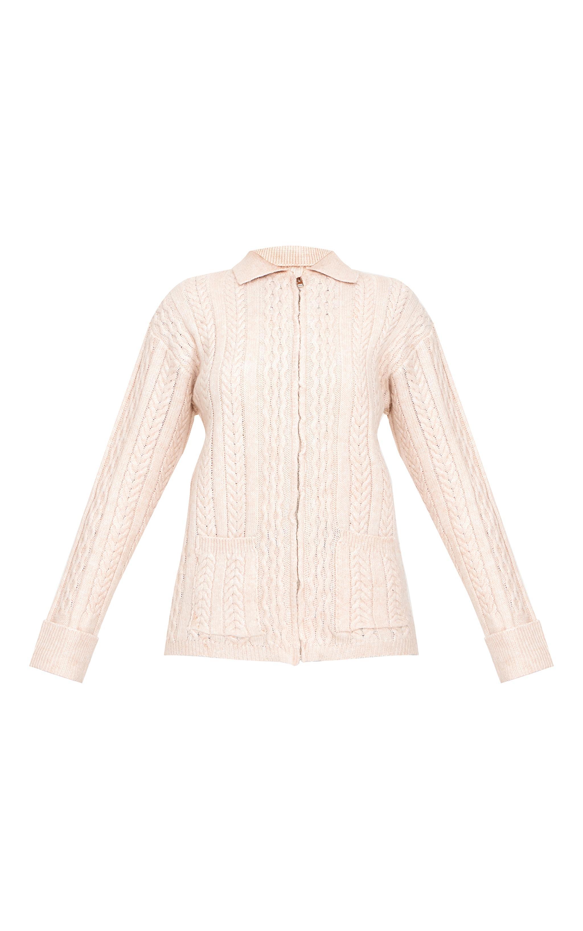 Oatmeal Cable Knit Collar Detail Zip Up Cardigan Product Image